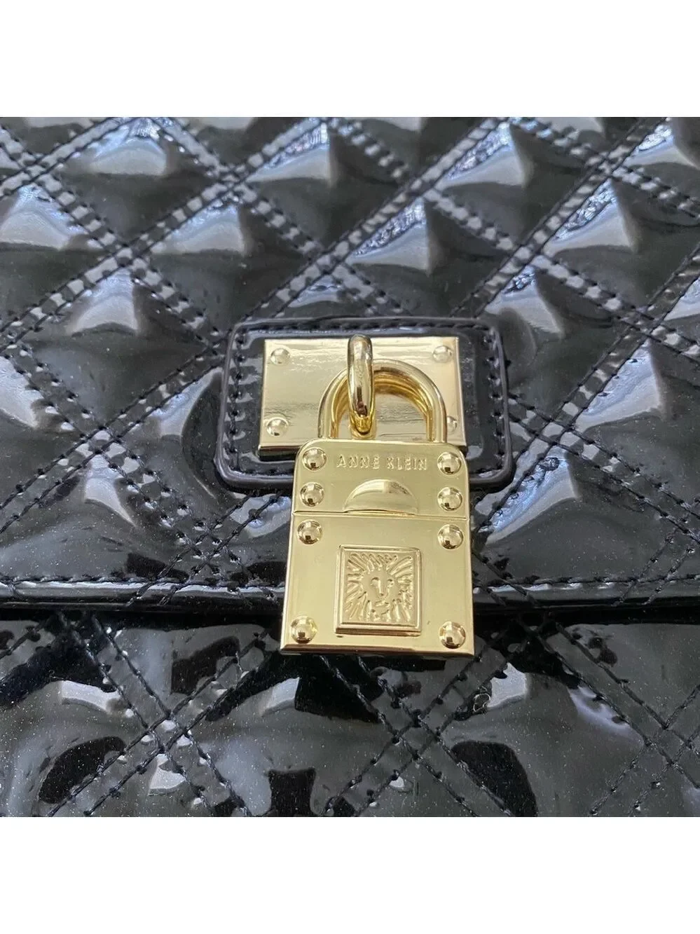 Anne Klein Black Quilted Patent Shoulder Bag Gold Tone Hardware